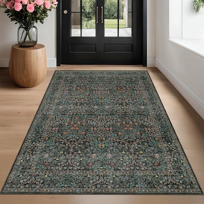 Dark Green Floral Living Room Rug 5x7 Area Rug - Image 8