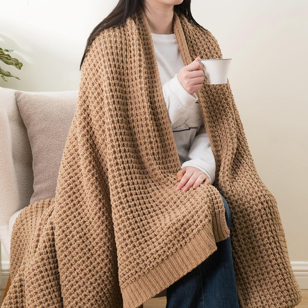 Beige Throw Blanket for Couch, Tan Waffle Knitted Throw Blankets 50"x60&...