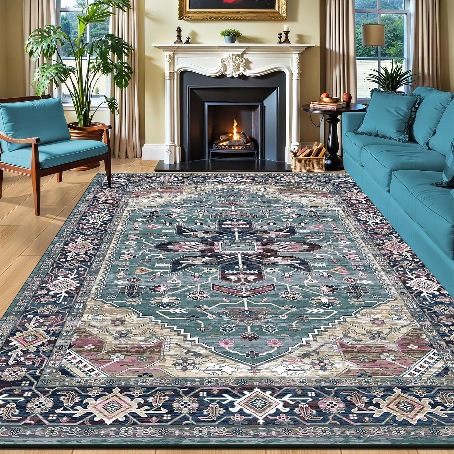 Enkor Area Soft Rugs 8x10 Washable Non Slip Boho Floor Rugs for Living Room Bedroom, Vintage Style Farmhouse Mat for Kitchen Entryway Purple & Green