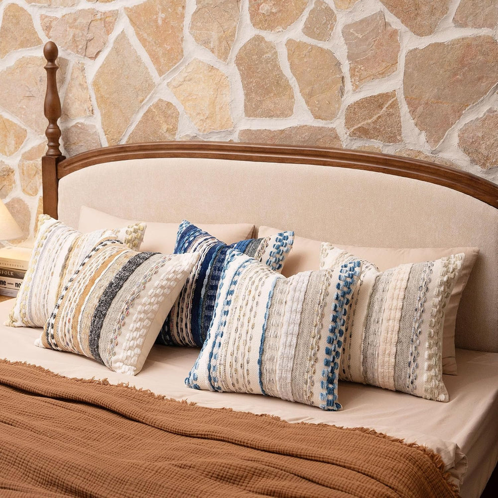 Boho Chenille Tufted Throw Pillow Covers 18x18 Inch Set of 2 Farmhouse Blue W...