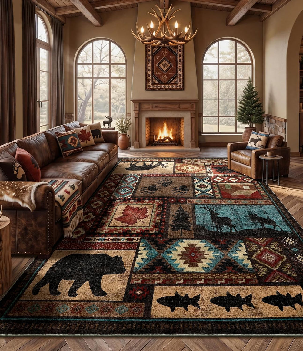 YIHOUSE 10x14 Rustic Cabin Area Rugs for Living Room, Brown