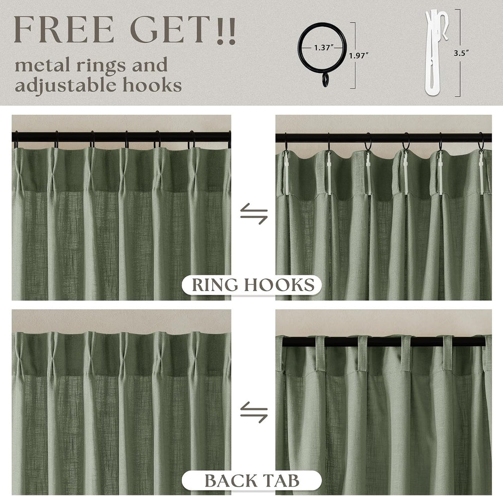 Pinch Pleated Sage Green Thick Linen Curtains 96 Inch Length 2 Panels Set