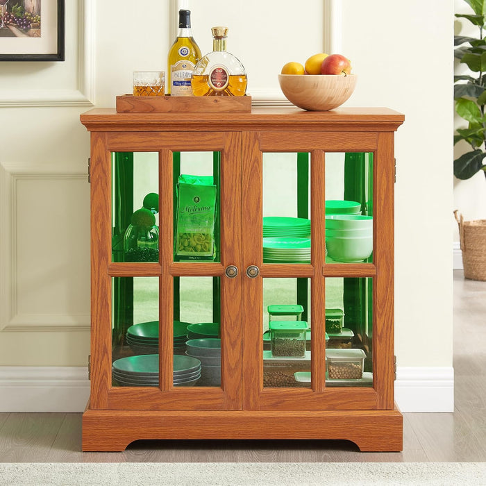KEIKI Lighted Curio Display Cabinet with Adjustable Glass Shelves, Retro Storage Cabinet with Tempered Glass Doors, Elegant Showcase for Home Décor, Dark Oak