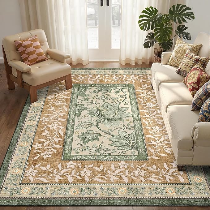 GarveeHome Terracotta Olive Sage Green Washable 5x7 Area Rugs, Botanical Grove by GarveeHome