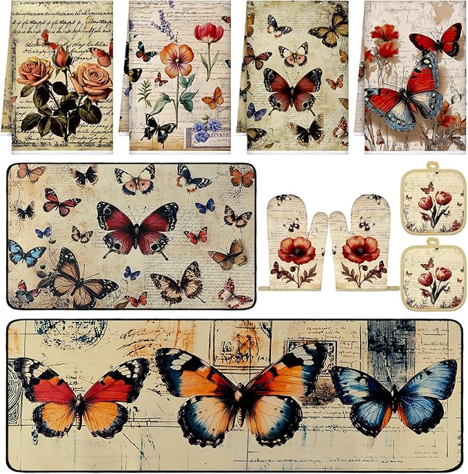 Fourluoo 10 Pcs Butterfly Kitchen Dish Towels Rugs Oven Mitts and Pot Holders by Fourluoo
