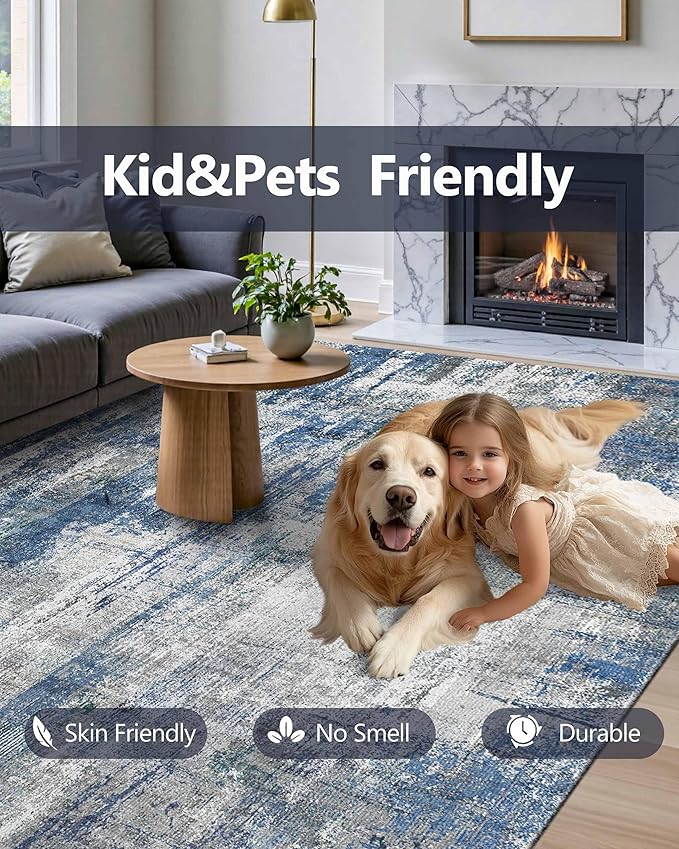 Latte&Fog 8x10 Area Rugs for Living Room, Large Blue Modern Abstract Washable - Image 7