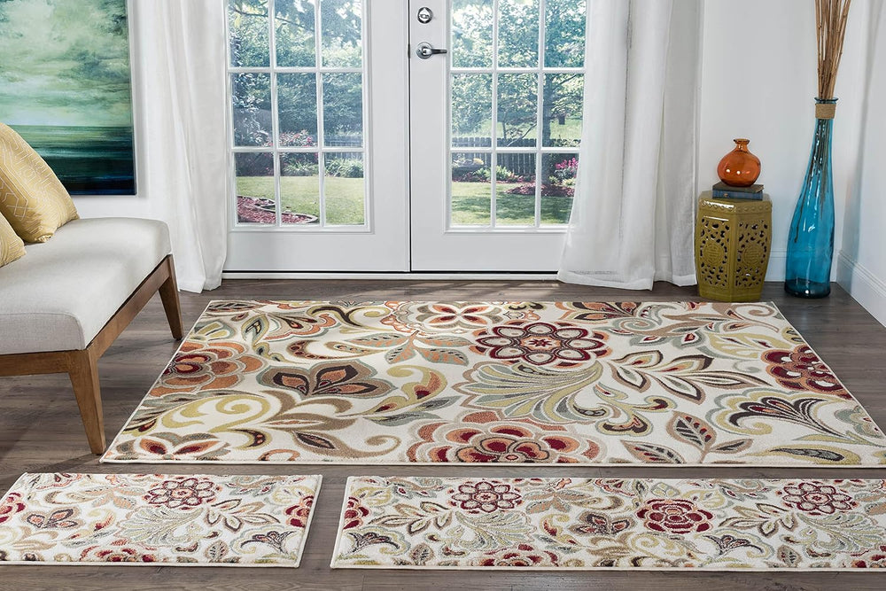 Dilek Transitional Floral Ivory 3-Piece Area Rug Set, 3-Piece Set