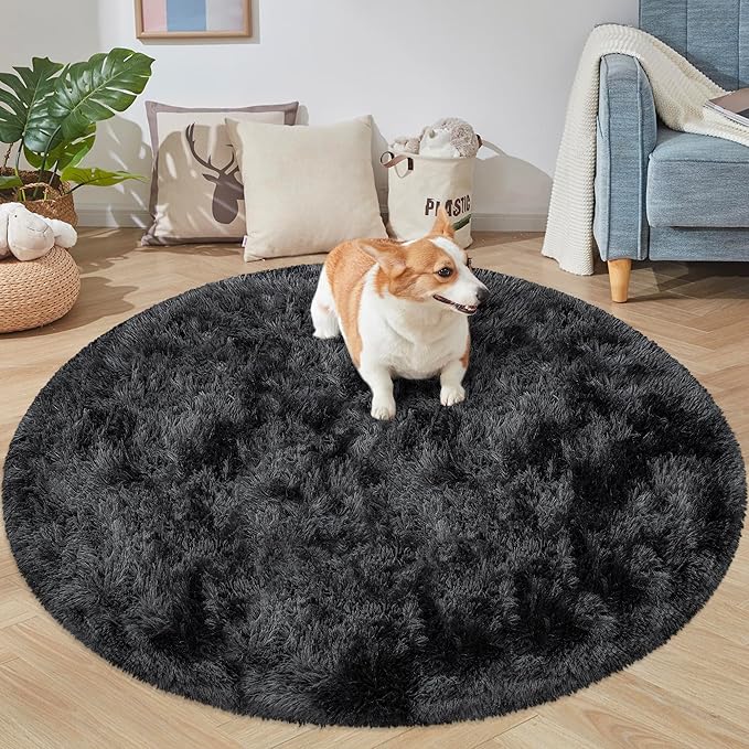 5x5 ft Tie Dye Black Round Rug for Bedroom Room Fluffy Circle Rug Furry Carpet - Image 6
