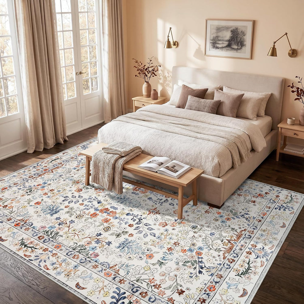 Area Rugs 8x10 Washable Non-Slip: Floral Vintage Rug for Living Room Beige