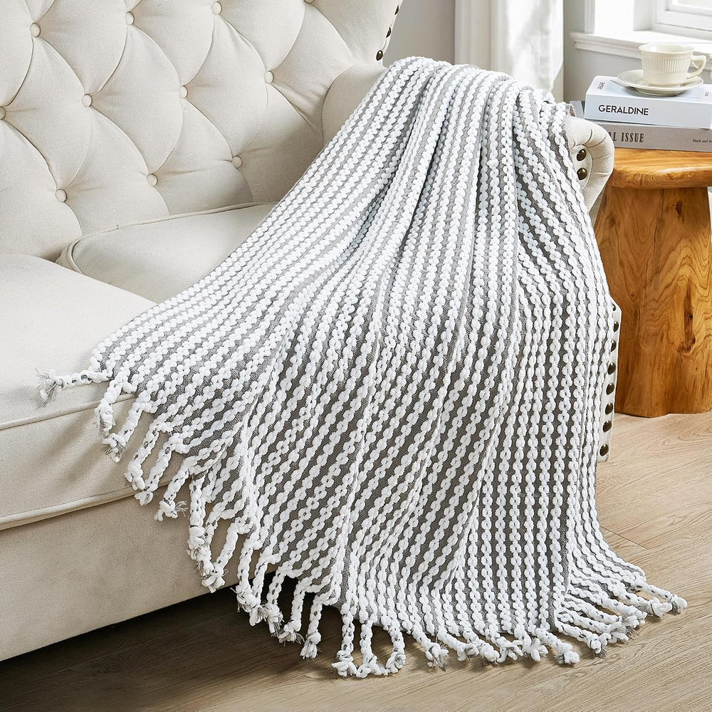 Striped Knit Throw Blanket with Braided Tassels 50" x 60", Hand Kni...