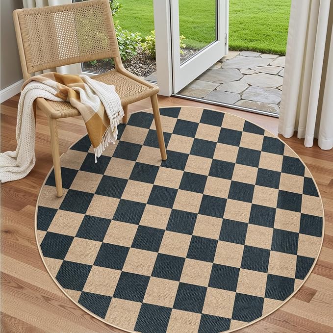Lahome Colette Checkered Round Rugs 6ft, Outdoor Patio Easy Jute Rug Indoor by Lahome