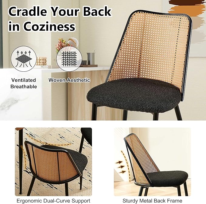 Dining Chairs Set of 2, Boho Rattan Back Dining Room Chairs Upholstered Boucl...