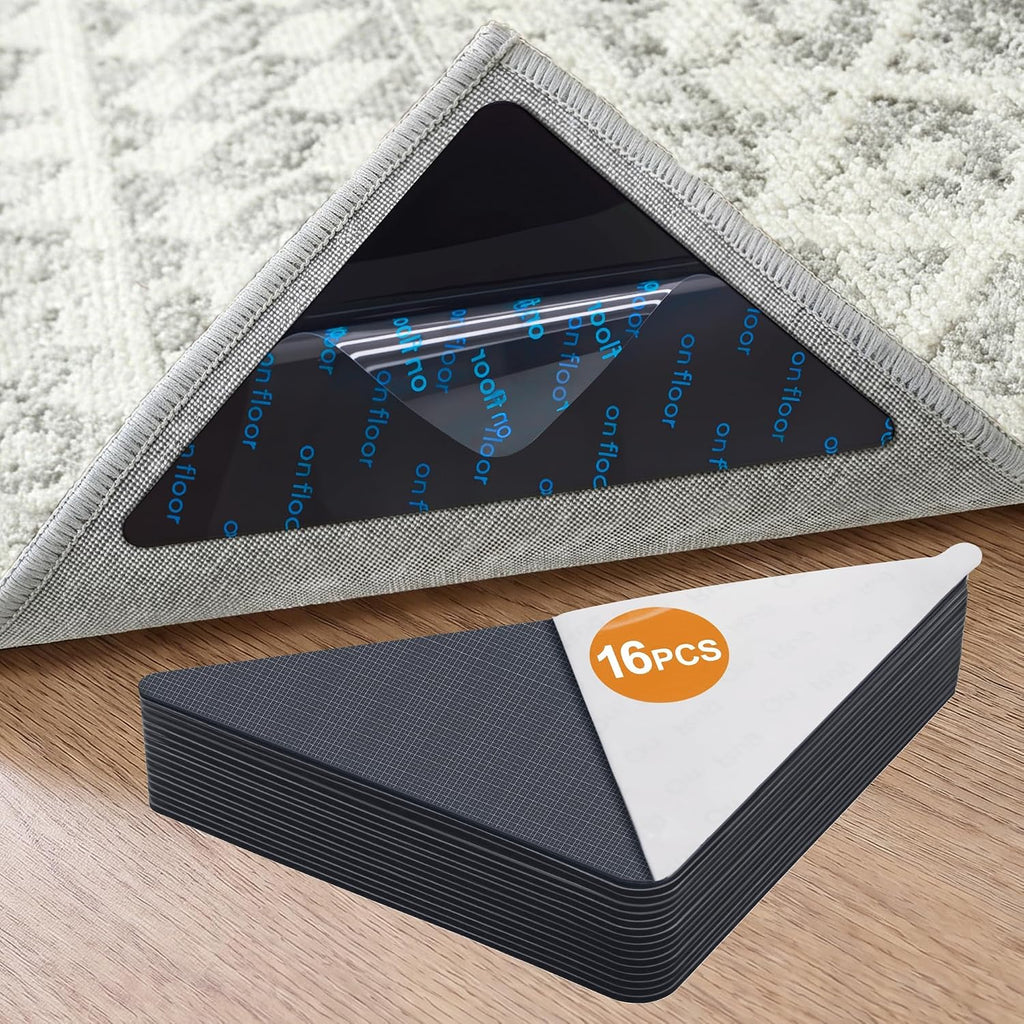 16 Pcs Rug Tape,Anti Slip Rug Pads Grippers for Hardwood Floors and Tiles,No Residue,Reusable Carpet Tape for Area Rugs, Double-Sided Adhesive Rug Stickers