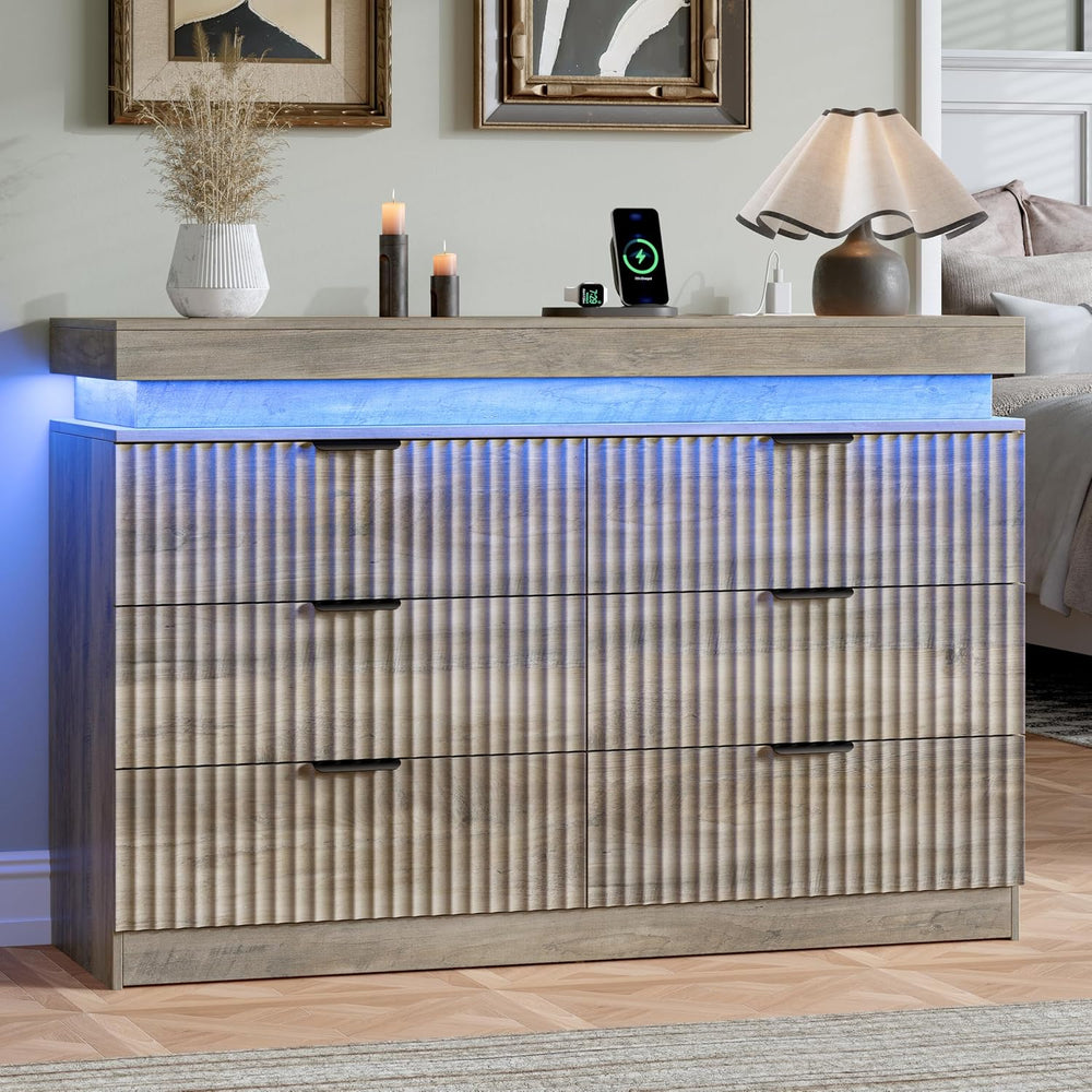 Fluted 6 Drawer Dresser for Bedroom with Charging Station, Grey