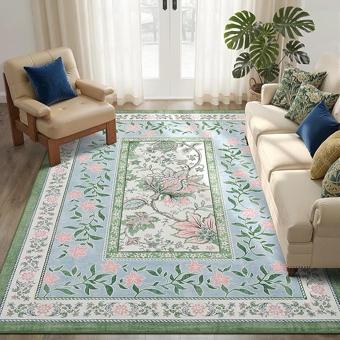 GarveeHome Blue Green Pink Area Rugs 9x12 Living Room, Botanical Grove Cottage - Image 3