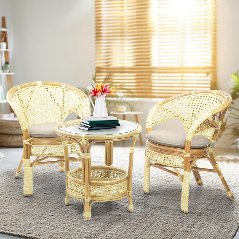Pelangi Handmade Rattan Dining Wicker Chair Natural Color w/Cream Cushion