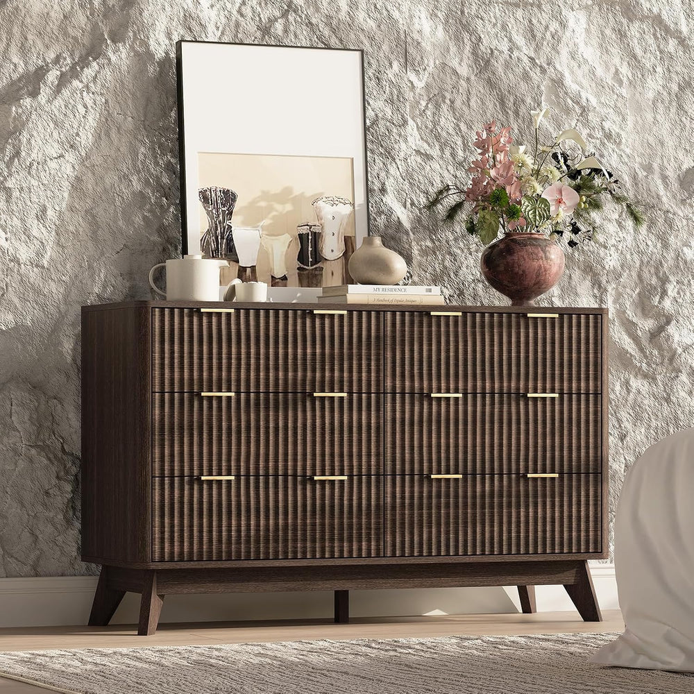 47" Wide Fluted 6 Drawers Dresser for Bedroom,Curved Edge,Walnut