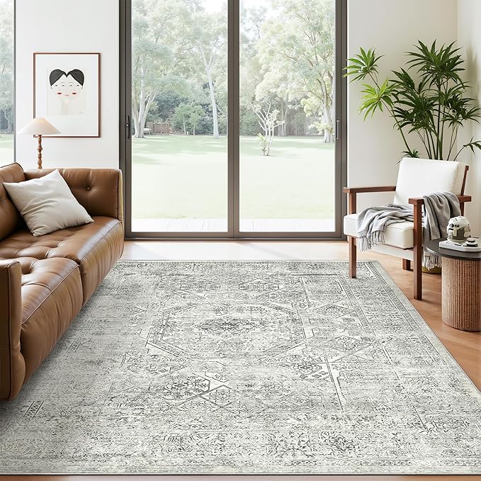 5x7 Area Rugs Grey Low Pile Indoor Washable Trendy Faded Style Floral Rugs by Soalmost