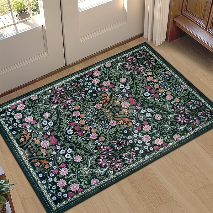Entryway Rug 2X3 Small Rugs: Floral Washable Door Mat Vintage Soft Low Pile by PLHXFRSoftAreaRugs