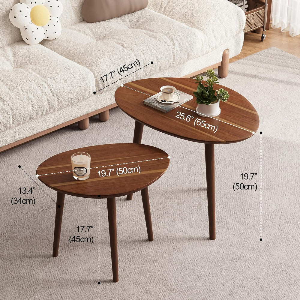 Small Oval Nesting Coffee Tables Set of 2,Solid Acacia Wood Top,Pebble-Shaped...