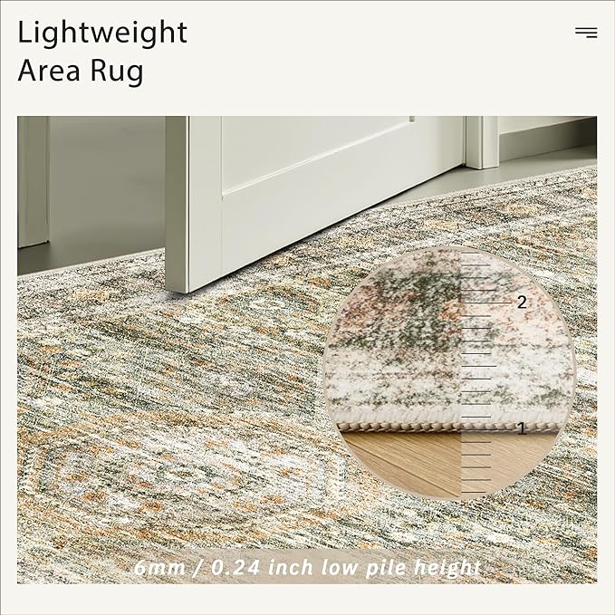 5x7 Area Rugs Green Orange Low Pile Indoor Washable Trendy Faded Style Rugs - Image 7