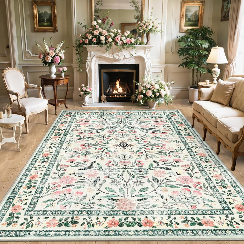 8x10 Area Rugs for Living Room: Floral Washable Rug Vintage Large Soft Boho