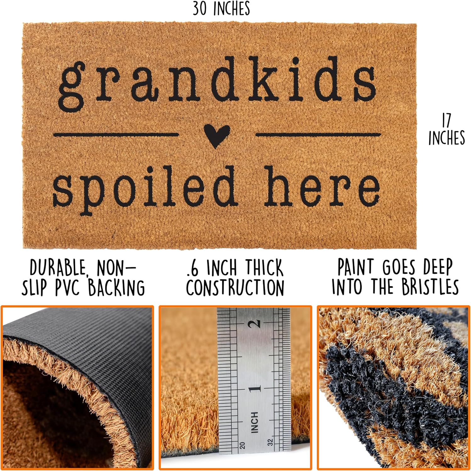 Grandkids Spoiled Here Door Mat 30x17 Inch, Coir Welcome Mat Front Doormat | Natural Coco Fibers, Dirt Scraper, Pvc Backing, Covered Porch Farmhouse Decor, Warm Welcome Everyday Use, Grandparents Gift