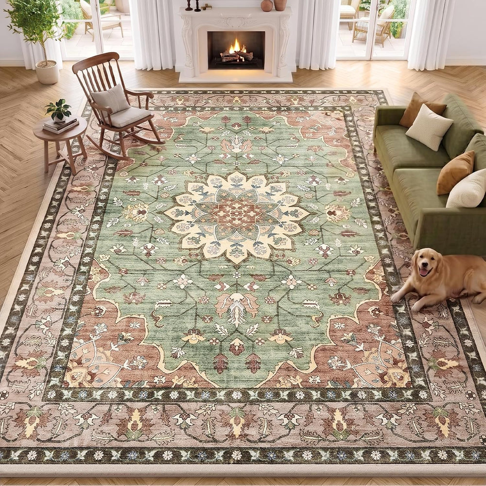 10x14 Washable Area Rug, Large Vintage Distressed Medallion Rugs