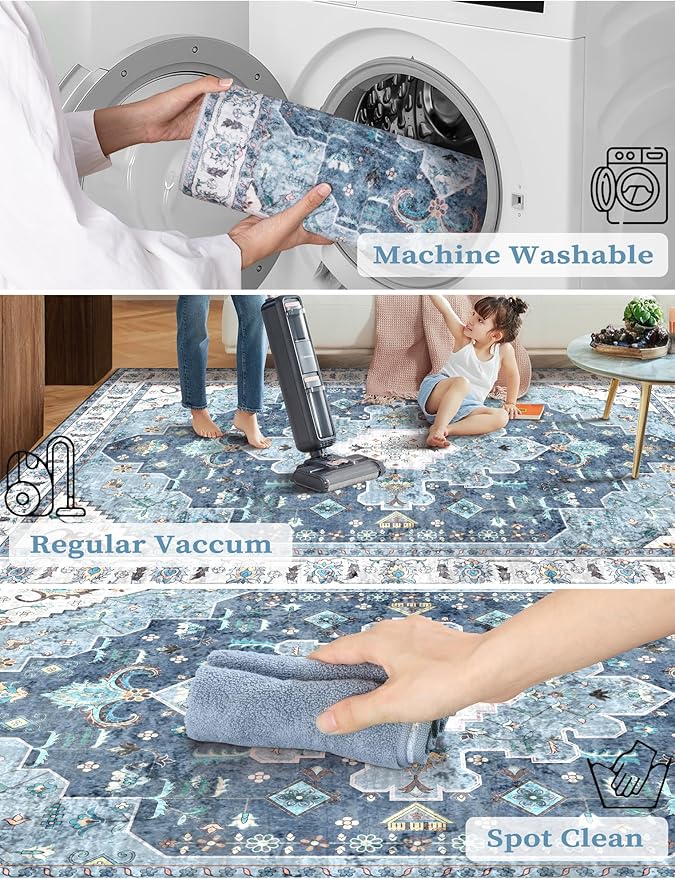 SERISSA Boho Washable Runner Rug, 2x6 Rug Non-Slip Vintage Blue Hallway Kitchen - Image 2
