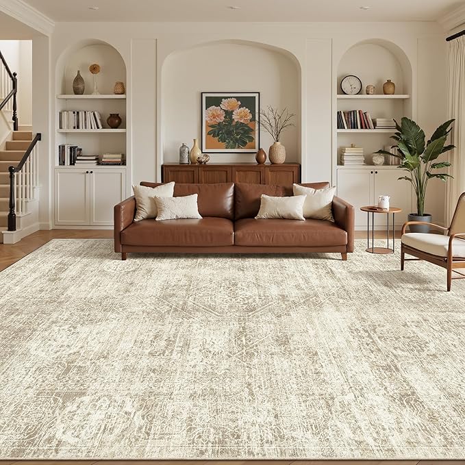 Madane 9x12 Area Rugs for Living Room, Soft Vintage Beige Area Rug by Madane