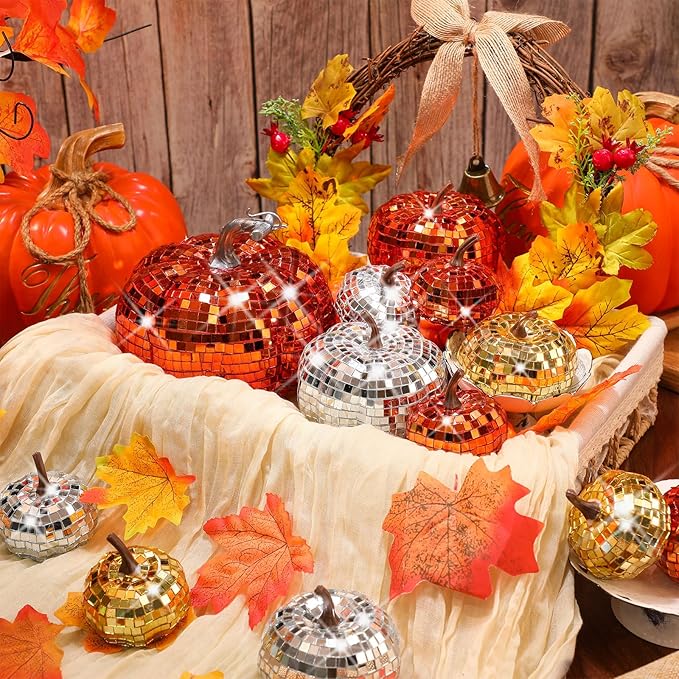 Lenwen 12 Pcs Artificial Disco Pumpkin Glitter Mirror Pumpkin for Decorating Fall Farmhouse Hanging Ornament Harvest Decor for Halloween Thanksgiving Table Centerpiece(Orange, Gold, Sliver)