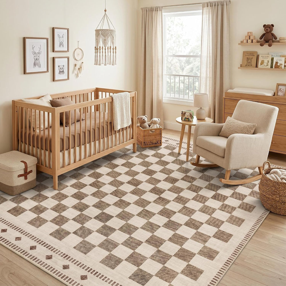 Garvee Large Checkered 10x14 Rug for Living Room Washable Non Slip, Beige
