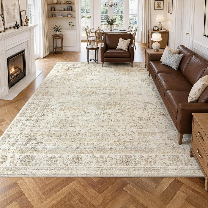 8x10 Beige Neutral Vintage Distressed Traditional Area Rug