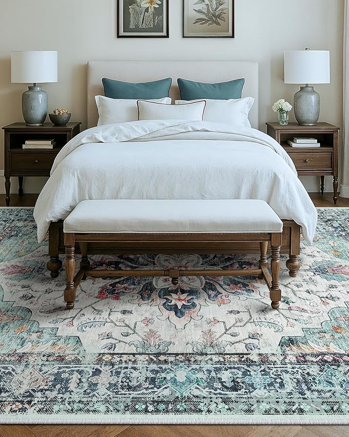 Area Rugs 9'x12' Washable Non-Slip, Floral Vintage Distress Print Pattern - Image 3