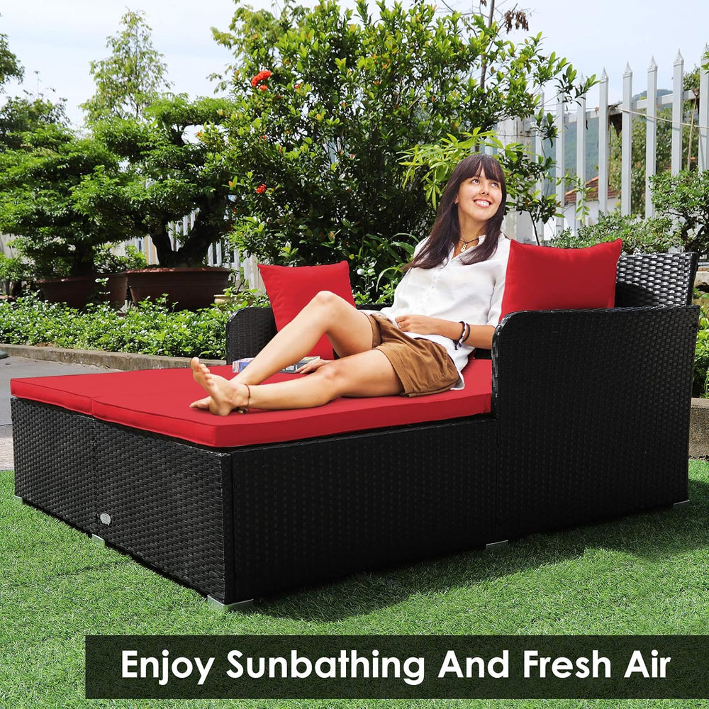 COSTWAY Outdoor Patio Rattan Daybed, Sponge Cushioned Loveseat Sofa