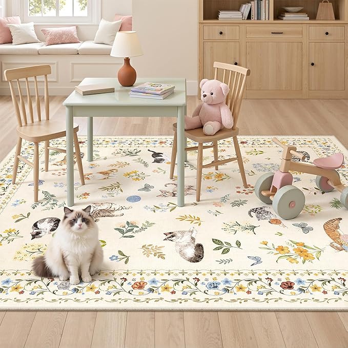Cat 3x5 Area Rugs for Entryway, Machine Washable Animal Floral Accent Rug - Image 2