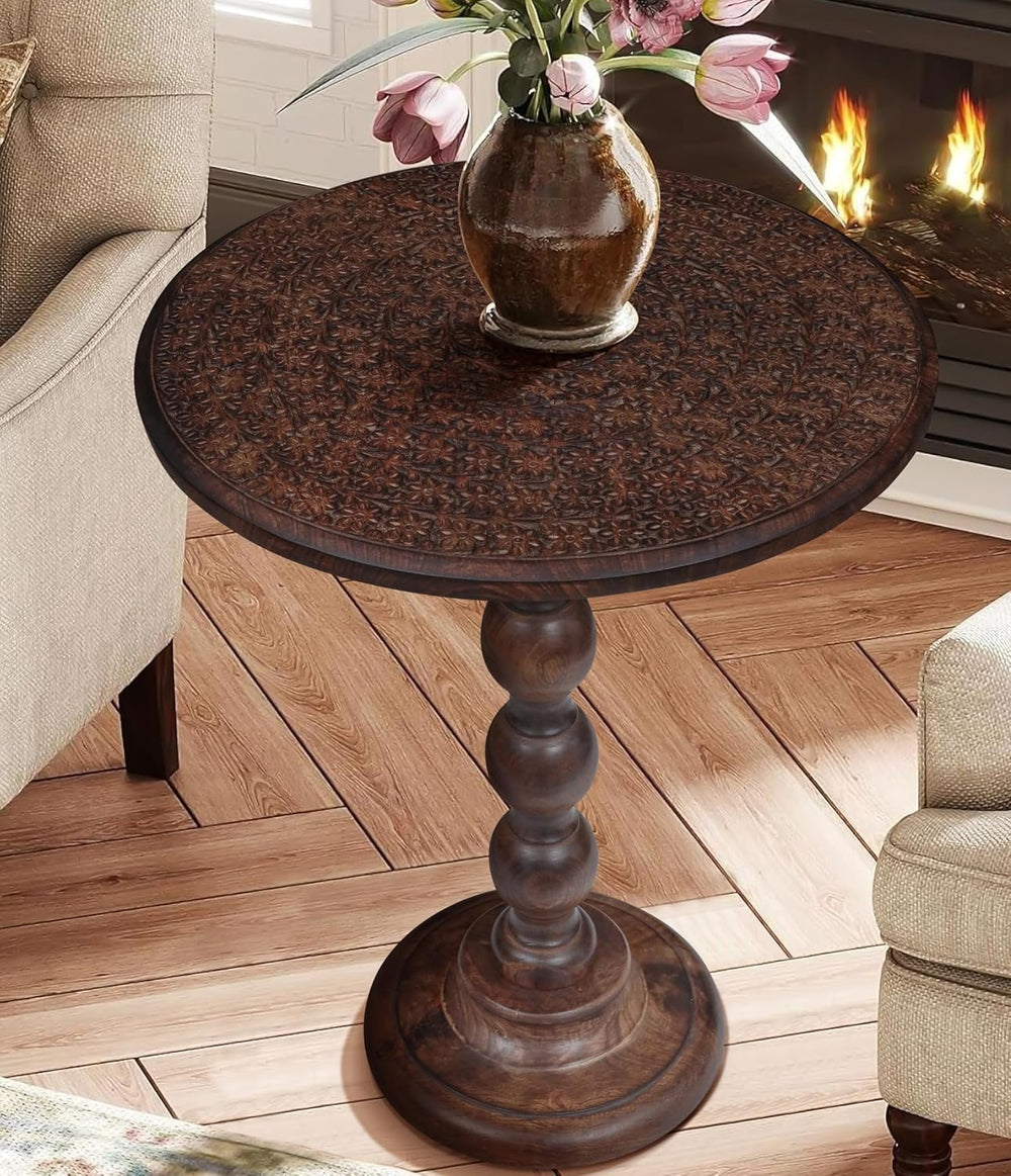 Round Side Table 18x22", Small Drink Table, Hand-Carved Solid Wood