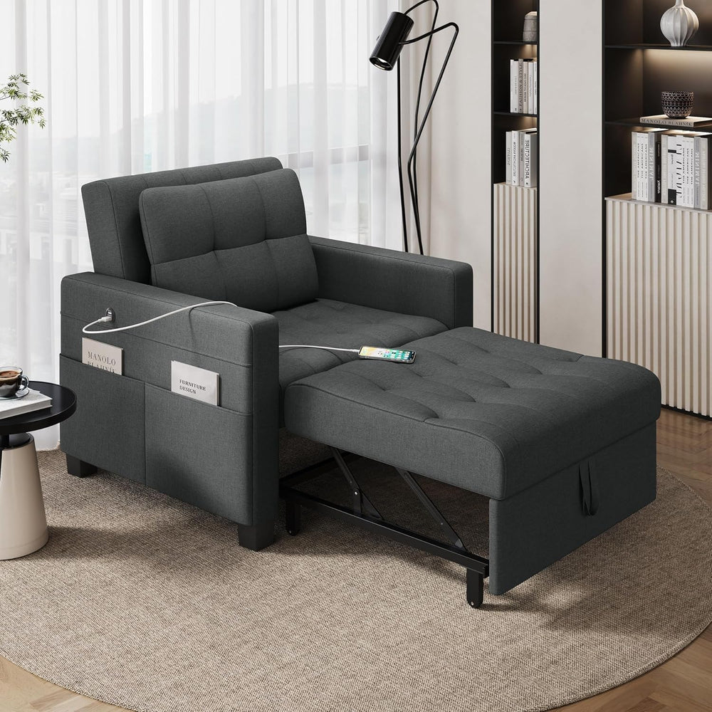 Yaheetech Sleeper Chair, Converts to Bed with USB Ports & Pocket, Dark Gray