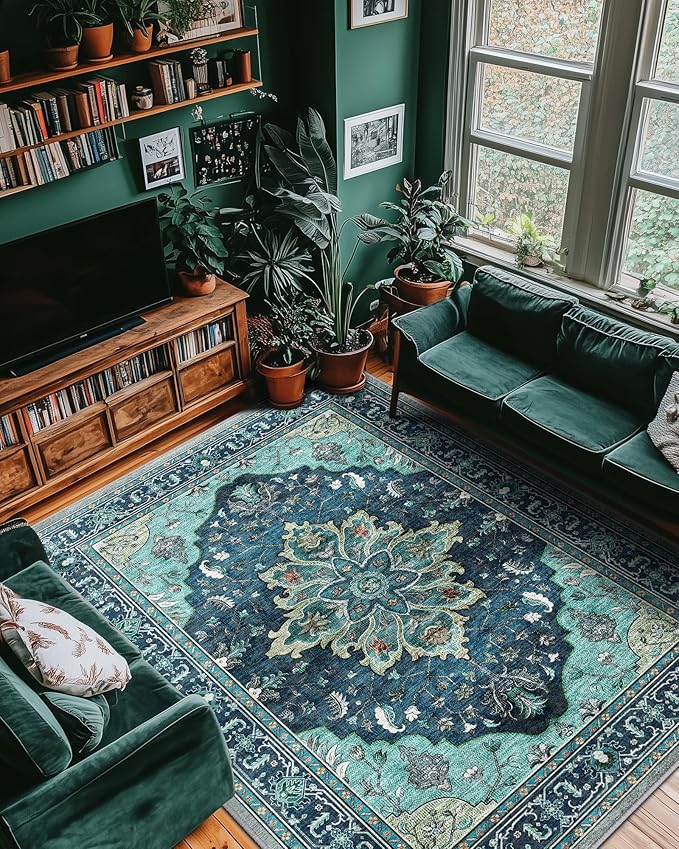 Area Rugs 8'x10' Washable Non-Slip, Floral Vintage Distress Print Pattern - Image 2