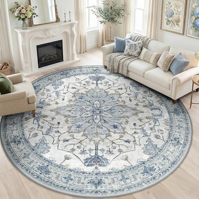 Area Rugs 8ft Washable Non-Slip, Floral Vintage Distress Print Pattern by RELEANY