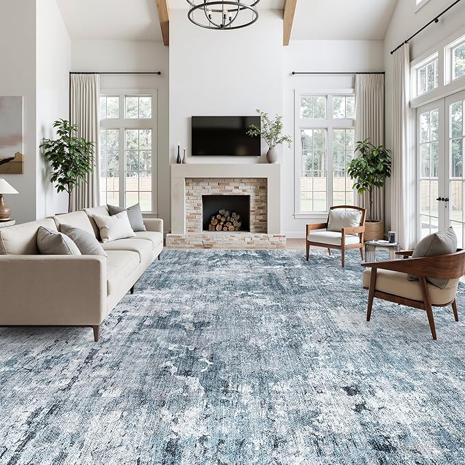 12x15 Washable Area Rug Blue/Grey Neutral Abstract Living Room Large Carpet Non - Image 4