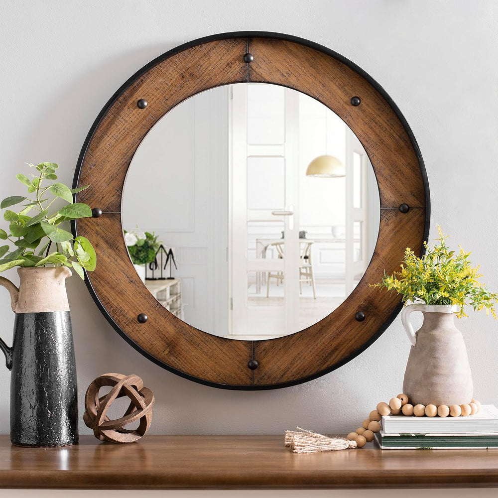 Rustic Round Wall Mirror 24 Inch, Natural Wood Frame with Black Metal Trim, I...
