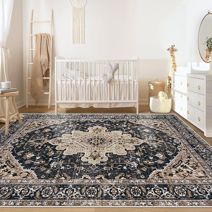 Area Rugs 5x7 Vintage Rug: Washable Living Room Rug Retro Medallion Distressed - Image 3