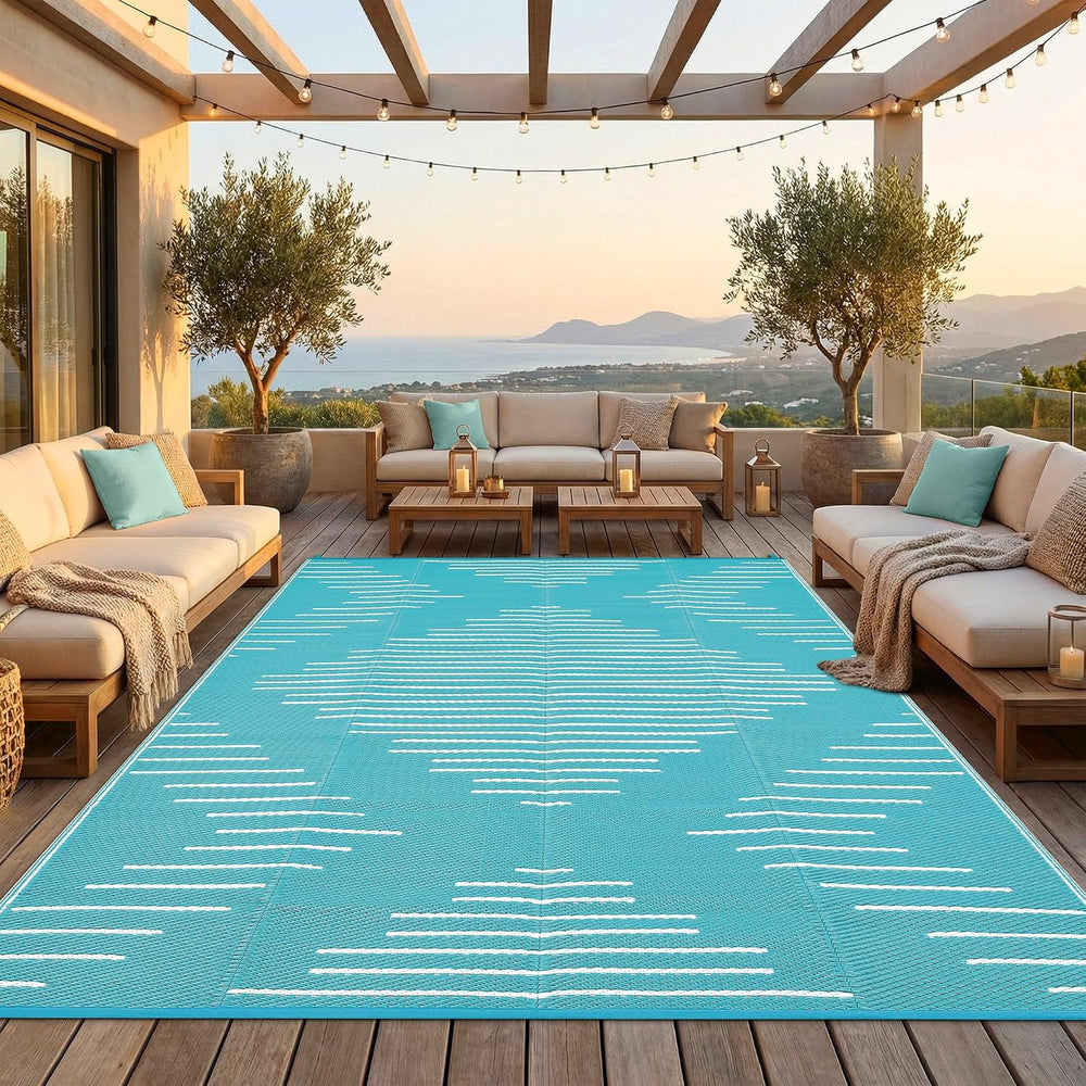 Garvee Waterproof Outdoor Rug 9x12 Plastic Reversible Rug Light Blue White