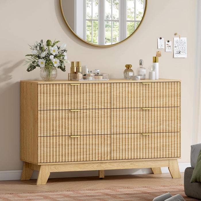 6 Drawer Fluted Dresser for Bedroom, Mid Century Modern Wooden Dresser with 6 Drawers, Dressers & Chests of Drawers with Metal Handle, TV Stand & Storage Organizer for Entryway, Hallway, Oak