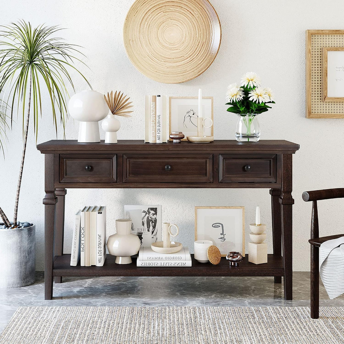 Merax Wood Farmhouse Entry Way Hallway Console Table with Drawers and Bottom Shelf Narrow Long Sideboard for Living Room Bedroom Espresso
