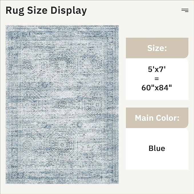 5x7 Area Rugs Blue Low Pile Indoor Washable Trendy Faded Style Rugs - Image 3