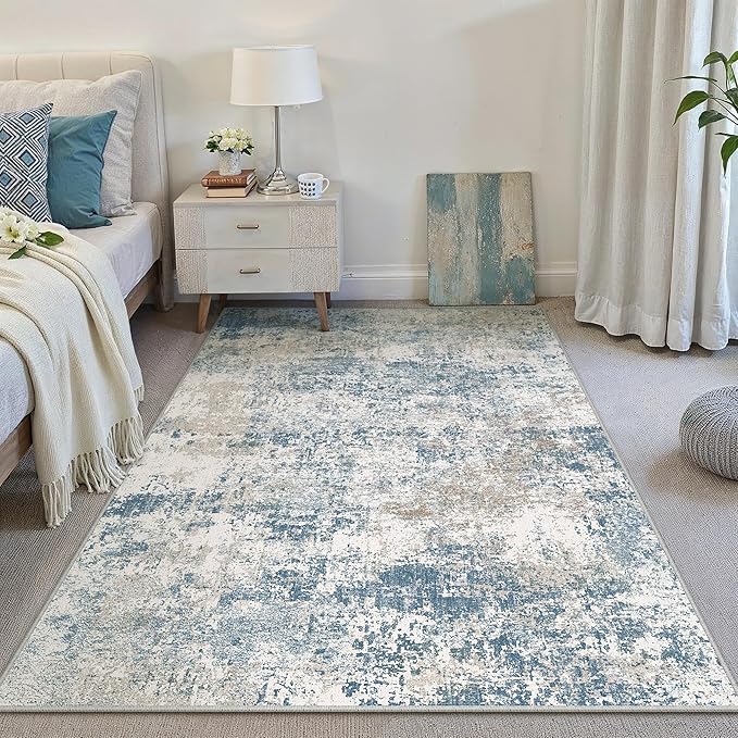 PureCozy Blue 4x6 Area Rug Washable Abstract Office Carpet Modern Neutral Non - Image 2