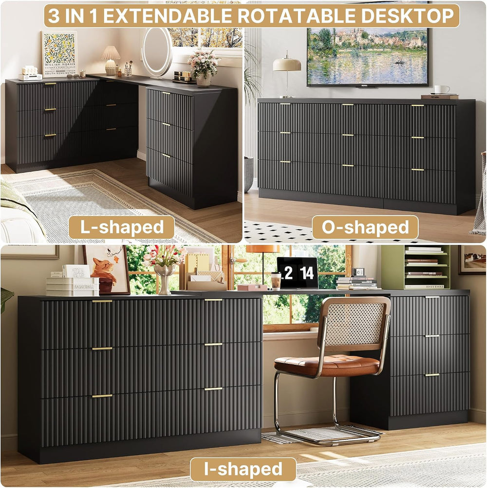 L-Shaped Rotatable 9 Drawer Dresser for Bedroom, 71" Wide Deformable Bla...