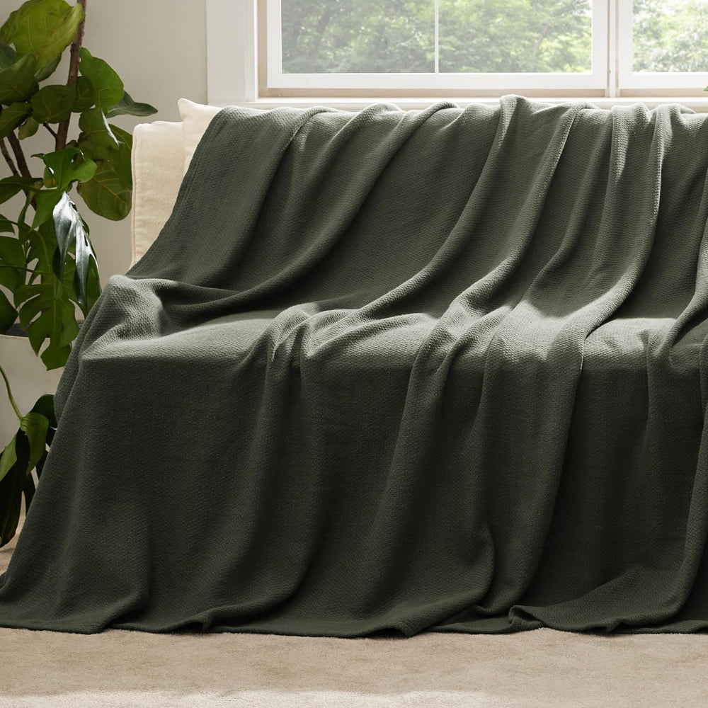 Bedsure 100% Cotton Blanket, Herringbone Weave, Twin XL, Olive Green